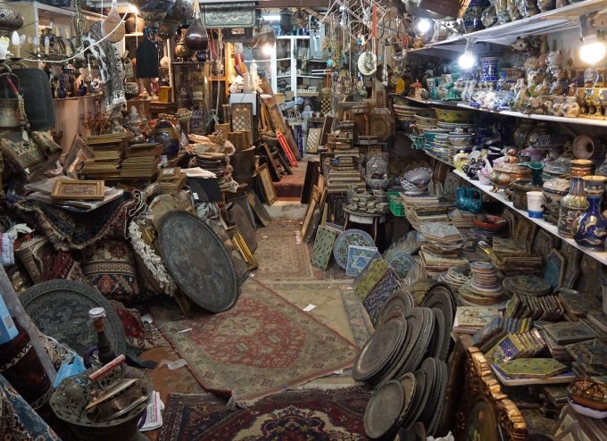 A cluttered antique shop.