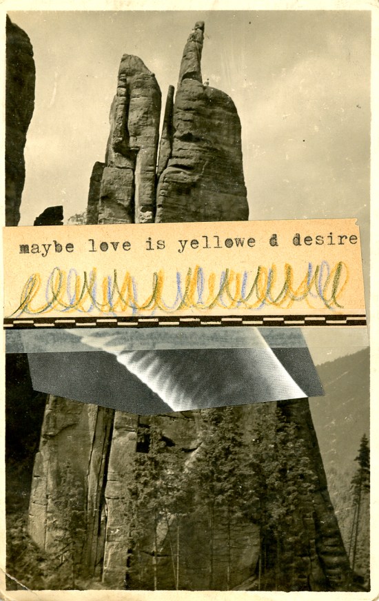 "maybe love is yellowed desire" typed on a tan strip of paper. Behind the text, mountainous rocks.